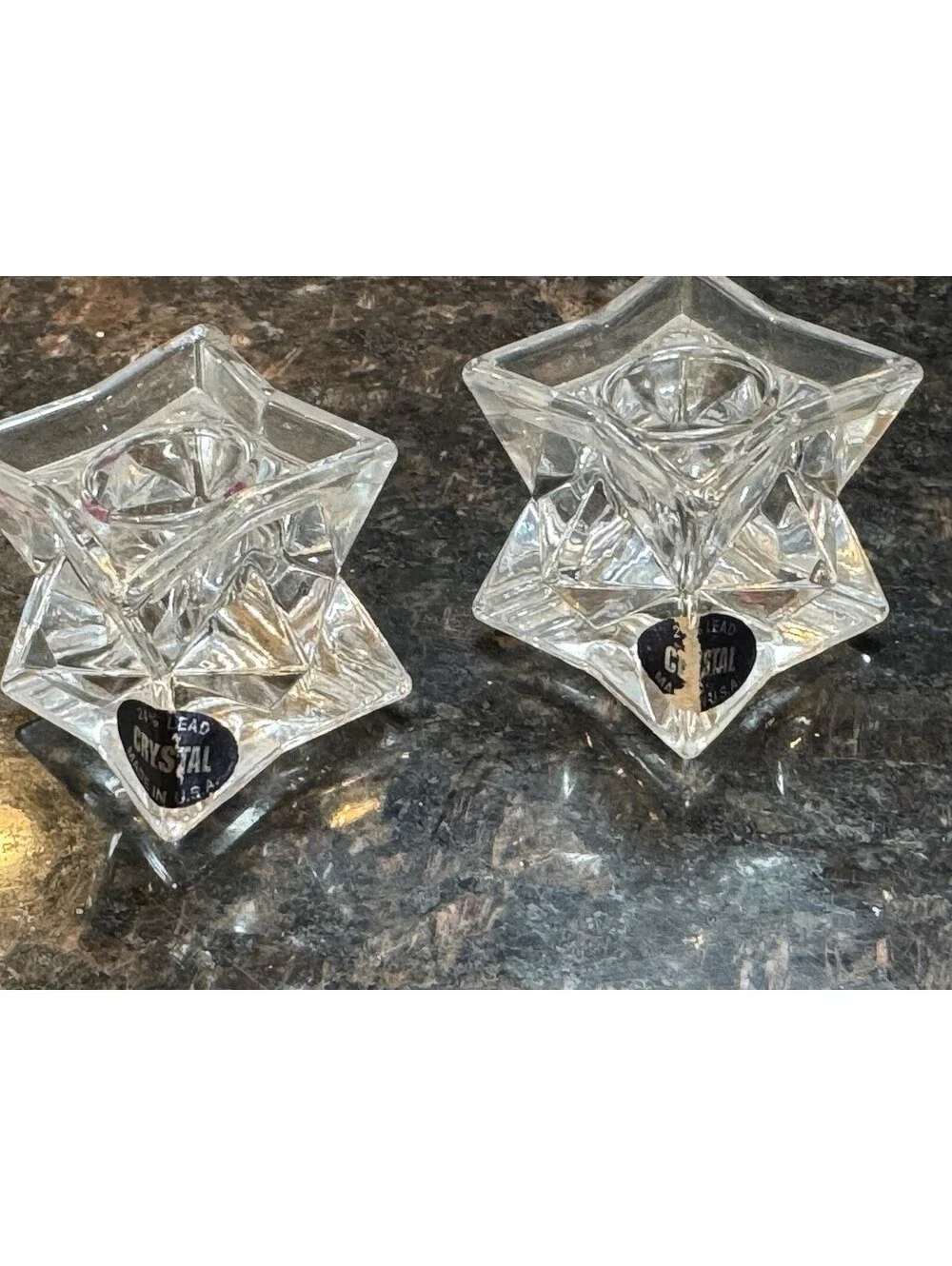 24% Lead crystal  Made in USA Pointed Geometric Pair of 2 Candlestick Holders